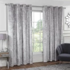B&M Versailles Silver Crushed Velvet Fully Lined Curtains 90 X 90"